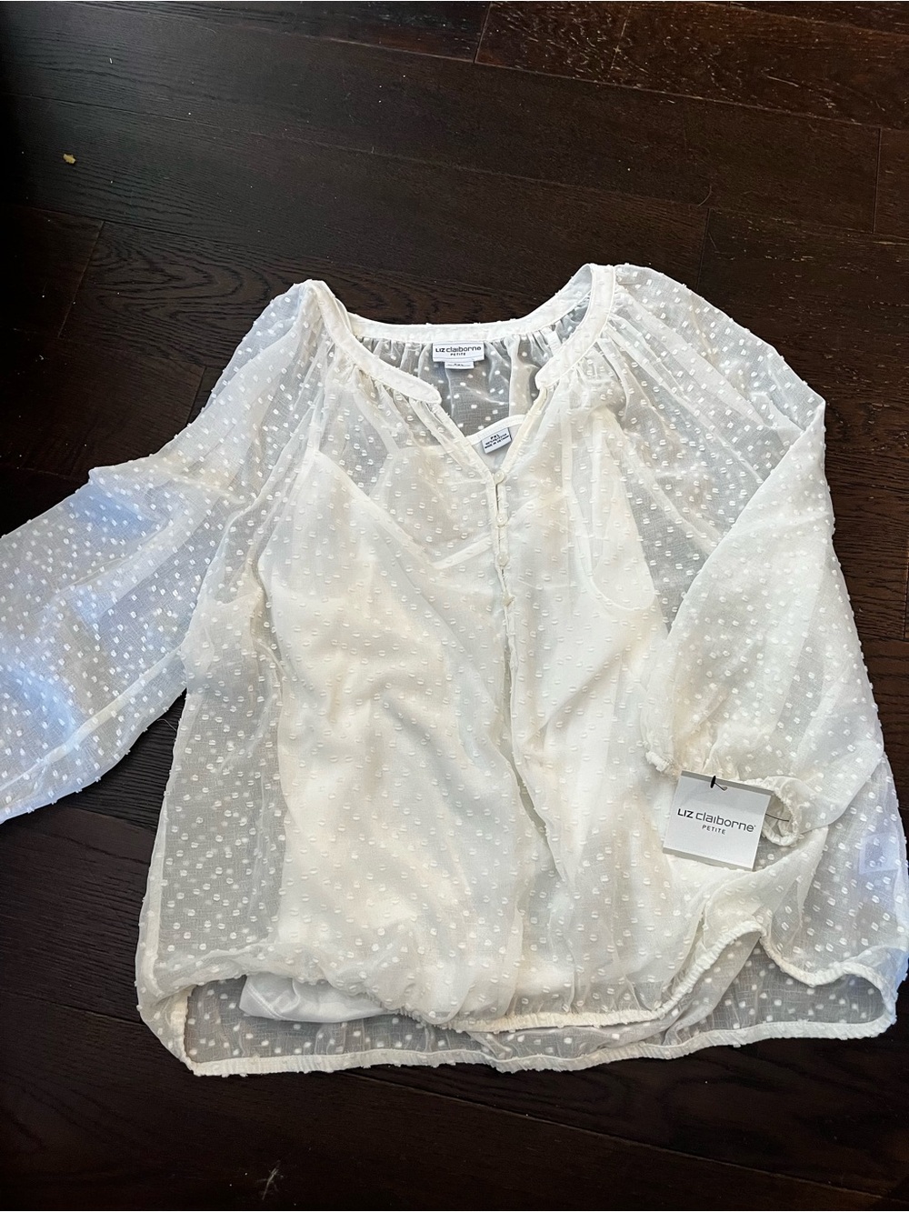 Liz Claiborne Ivory Swiss Dot Sheer Peasant Blouse with layered tank